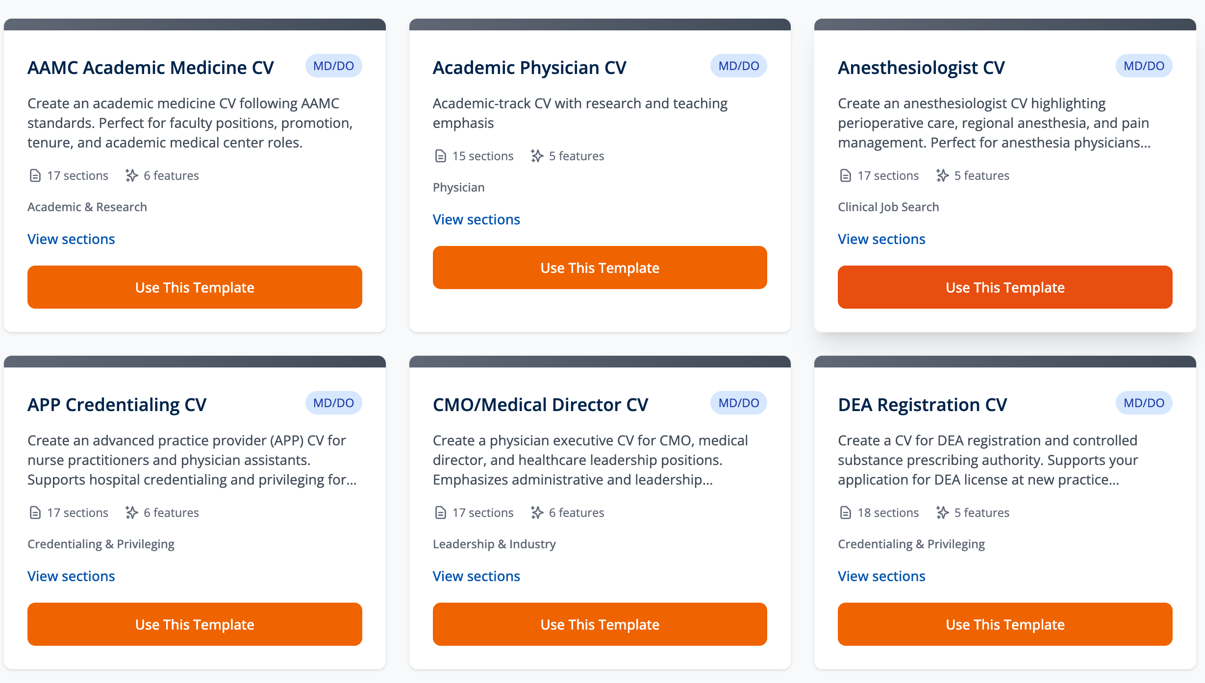 Grid of CV template cards including AAMC Academic Medicine CV, Academic Physician CV, Anesthesiologist CV, APP Credentialing CV, CMO/Medical Director CV, and DEA Registration CV, each with a Use This Template button.