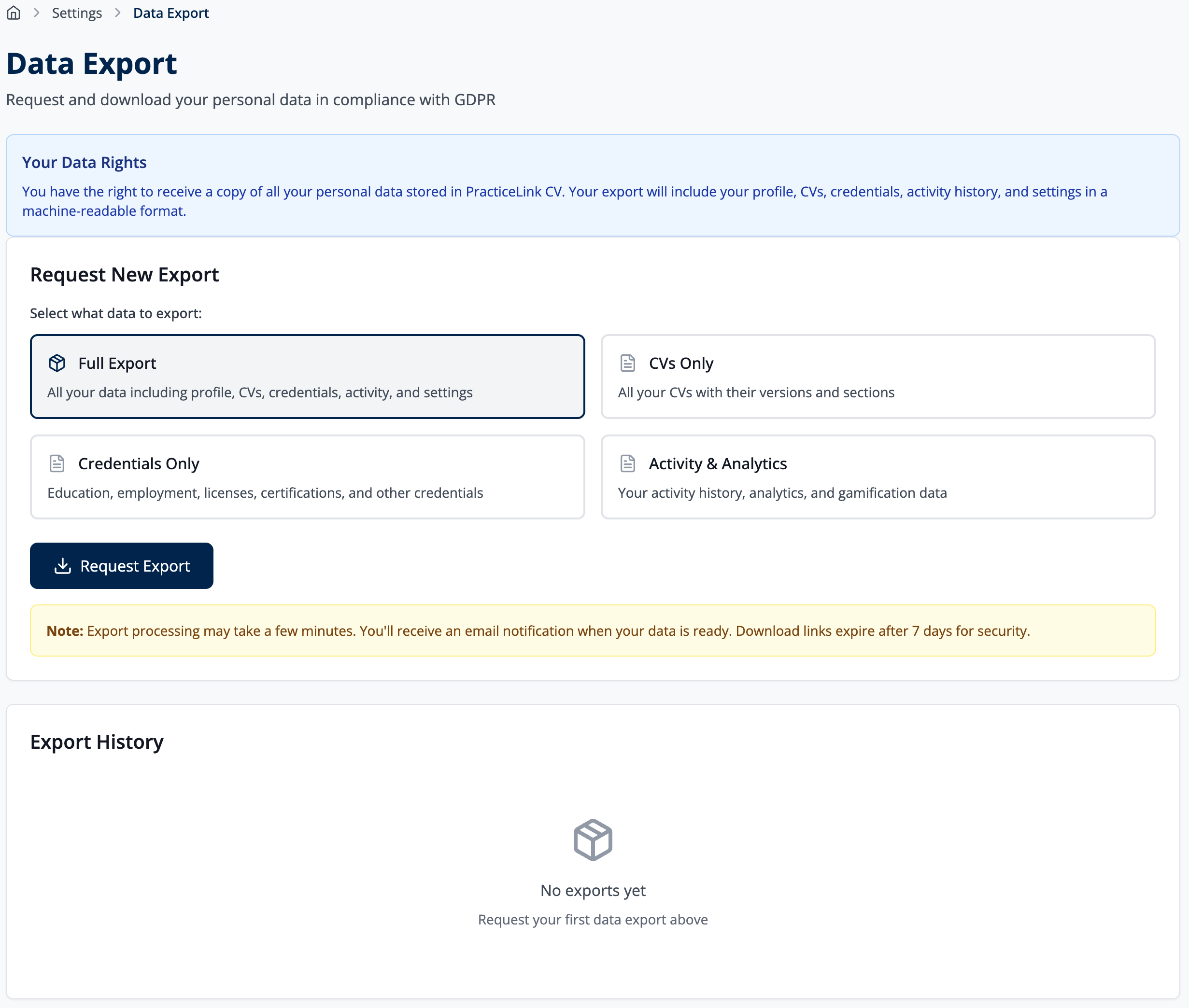 Data Export: choose Full Export, CVs Only, Credentials Only, or Activity and Analytics, then Request Export. A note says processing may take a few minutes and download links expire after 7 days.