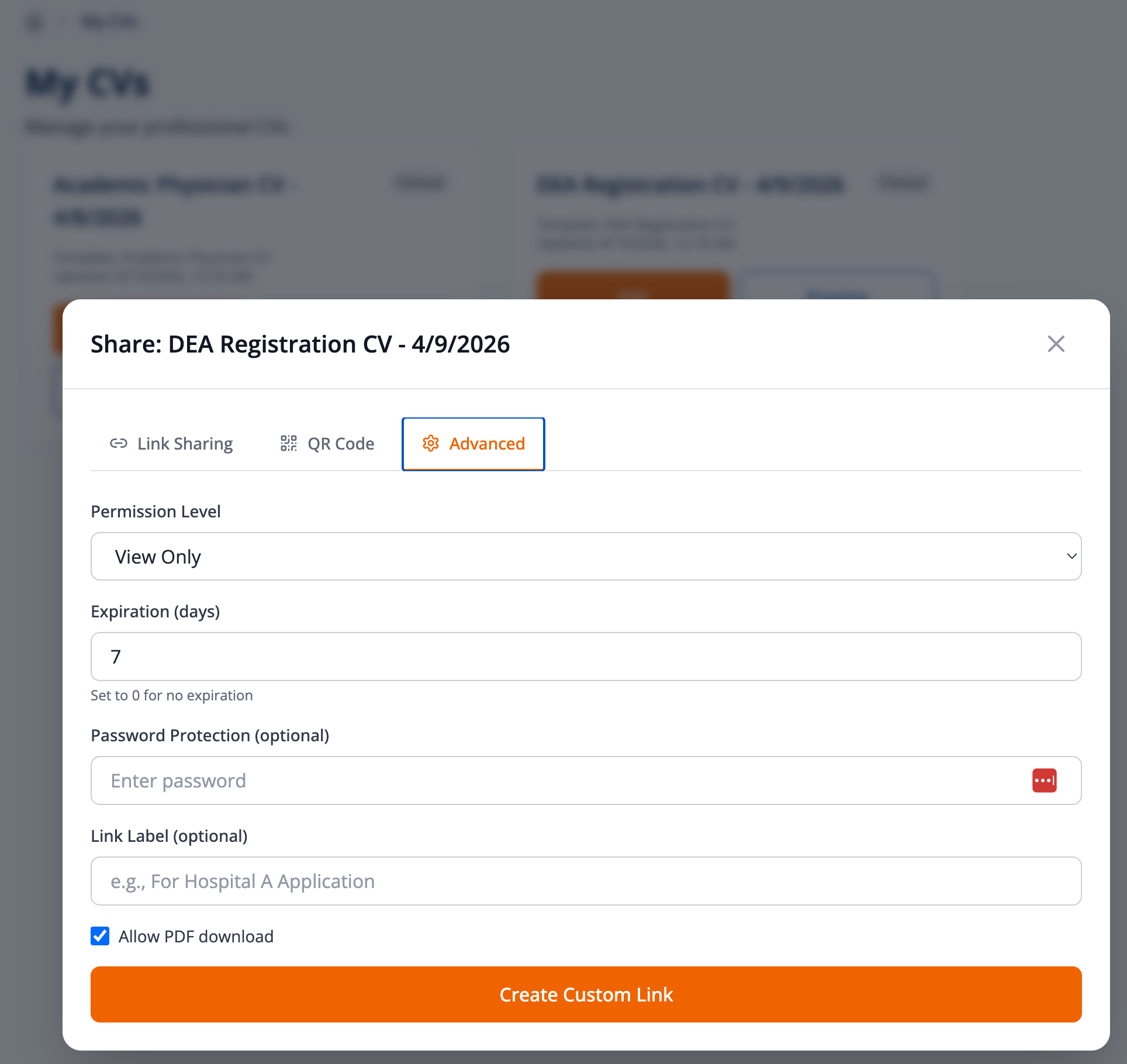 Share modal on the Advanced tab: view-only permission, 7-day expiration, optional password, optional label, PDF download enabled, and Create Custom Link.